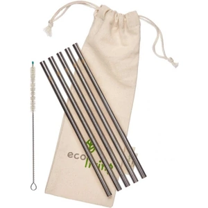 Eco living 5 Stainless Steel Smoothie Straight Drinking Straws with Plastic-Free Cleaning Brush & Organic Carry Pouch (Case of 6)